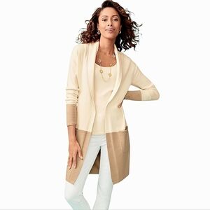 TALBOTS Shawl Collar Colorblock Cream and Tan Knit Open Cardigan/Duster